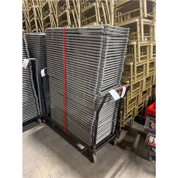 MOBILE CART OF 50 GREY PLASTIC/METAL FRAMED FOLDING STACKING EVENT CHAIRS *CART INCLUDED*