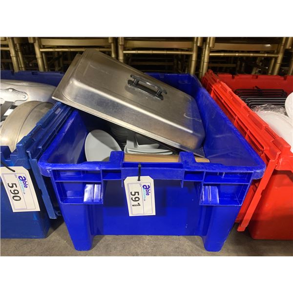 BIN OF ASSORTED WHITE DINNERWARE, STAINLESS INSERT COVERS & BRASS/COPPER VINTAGE CANDLE SET WITH