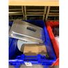 Image 2 : BIN OF ASSORTED WHITE DINNERWARE, STAINLESS INSERT COVERS & BRASS/COPPER VINTAGE CANDLE SET WITH