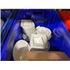 Image 3 : BIN OF ASSORTED WHITE DINNERWARE, STAINLESS INSERT COVERS & BRASS/COPPER VINTAGE CANDLE SET WITH