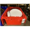 Image 1 : BIN OF BLACK PLATE HOLDERS & WHITE PLASTIC BOWLS & ROUND 13" SERVING TRAYS *BIN INCLUDED*