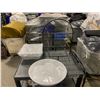 Image 3 : BIN OF BLACK PLATE HOLDERS & WHITE PLASTIC BOWLS & ROUND 13" SERVING TRAYS *BIN INCLUDED*