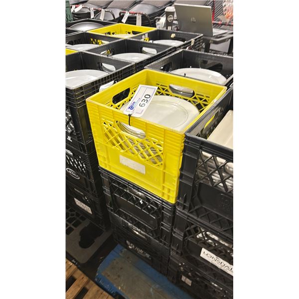 3 PLASTIC CRATES OF 10.5" ROUND COMMERCIAL RESTAURANT SILVER RIMMED DINNER PLATES