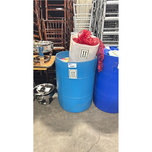 BARREL FULL OF ASSORTED SIZE/LENGTH/COLOR BANQUET LINENS *BARREL INCLUDED*