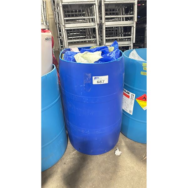 BARREL FULL OF ASSORTED SIZE/LENGTH/COLOR BANQUET LINENS *BARREL INCLUDED*