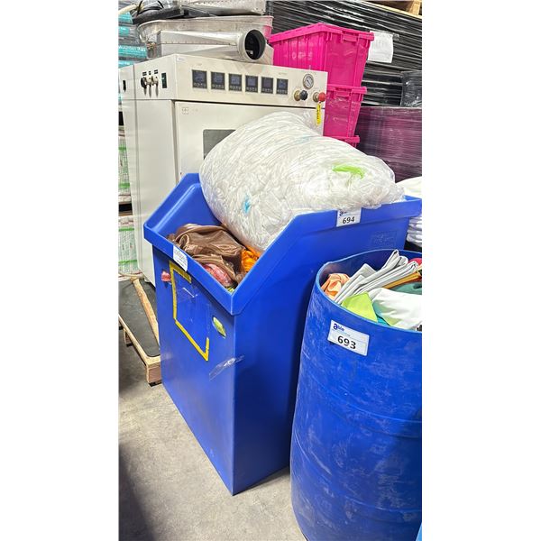 LARGE BLUE BIN FULL OF ASSORTED SIZE/LENGTH/COLOR BANQUET LINENS *BIN INCLUDED*