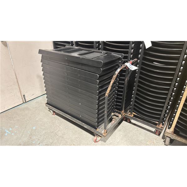 STACK OF 14 BLACK PLASTIC FOLDING EVENT CHAIRS ON MOBILE CHAIR CART * CART INCLUDED *