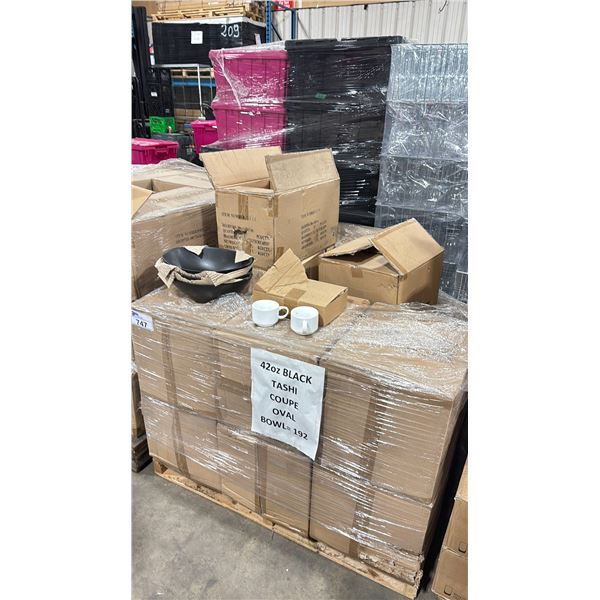 PALLET OF 12" MATTE BLACK OVAL BOWLS & WHITE COFFEE MUGS