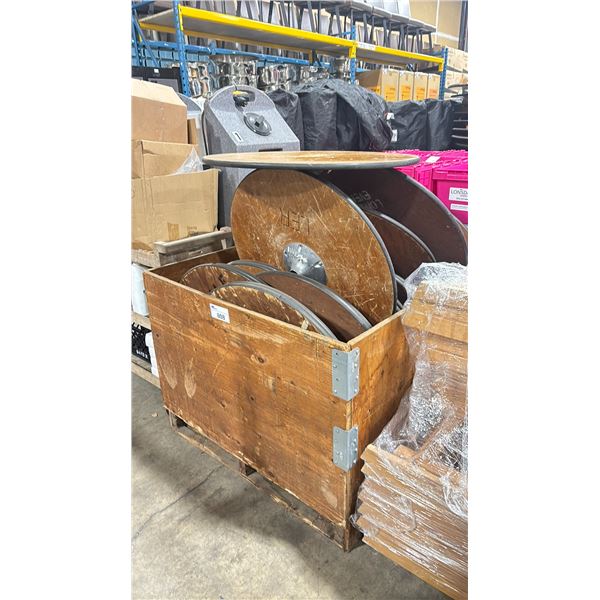 WOODEN CRATE OF 30" ROUND EVENT POLE STYLE COCKTAIL TABLE TOPS ONLY *CRATE INCLUDED*