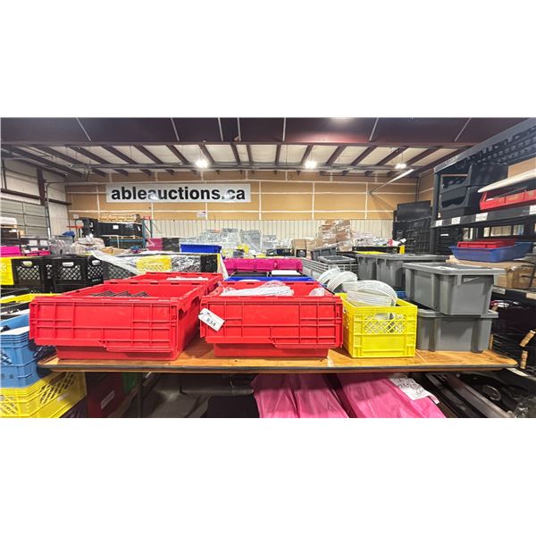 TABLE TOP OF ASSORTED BINS / CRATES OF COMMERCIAL EVENT BOWLS, APPETIZER PLATES, TIERED PLATE