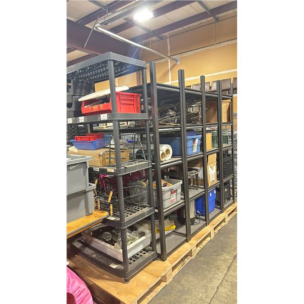 4 ADJUSTABLE METAL / WOOD STORAGE SHELVING UNITS, PLASTIC STORAGE SHELF & ASSORTED EVENT REPAIR