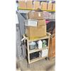 Image 1 : RUBBERMAID 3 TIER MOBILE PRODUCT CART WITH ASSORTED BAGS, EAR LOOPS, & EVENT CONTENTS