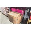 Image 1 : BROWN CAMBRO INSULATED FOOD TRANSPORT CONTAINER & 2 FOLD TOP PLASTIC BINS OF ASSORTED EVENT GOODS