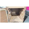 Image 3 : BROWN CAMBRO INSULATED FOOD TRANSPORT CONTAINER & 2 FOLD TOP PLASTIC BINS OF ASSORTED EVENT GOODS