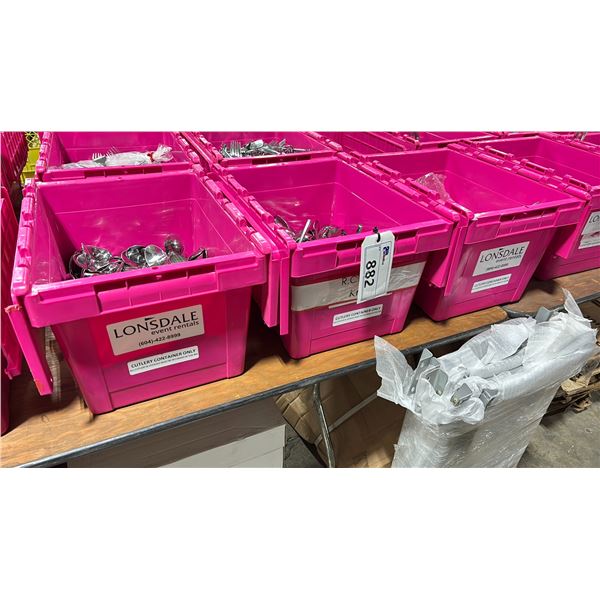 3 PLASTIC FOLD TOP BINS OF STAINLESS STEEL SPOONS & FORKS