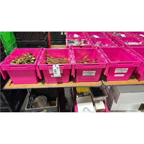 4 PLASTIC FOLD TOP BINS OF GOLD STAINLESS STEEL FLAT ENDED CUTLERY FORK/KNIFE/SPOON *BINS INCLUDED*