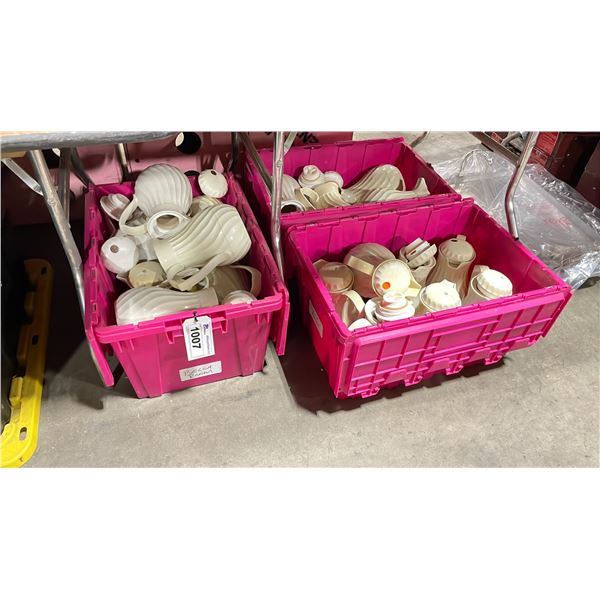 3 PINK PLASTIC LARGE FOLD TOP TOTES OF WHITE COMMERCIAL COFFEE CARAFES *BINS INCLUDED*