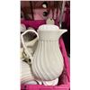Image 2 : 3 PINK PLASTIC LARGE FOLD TOP TOTES OF WHITE COMMERCIAL COFFEE CARAFES *BINS INCLUDED*