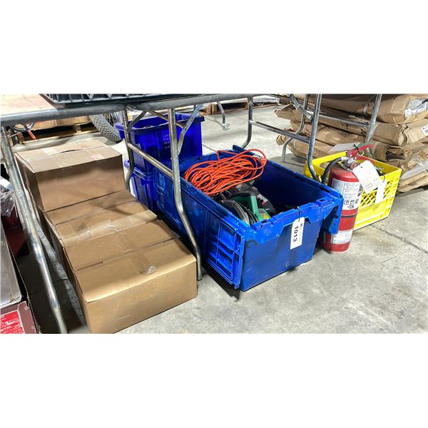 PLASTIC BIN OF ASSORTED REPAIR TOOLS, PLASTIC CRATE OF CASTERS, COMMERCIAL FIRE EXTINGUISHER, &