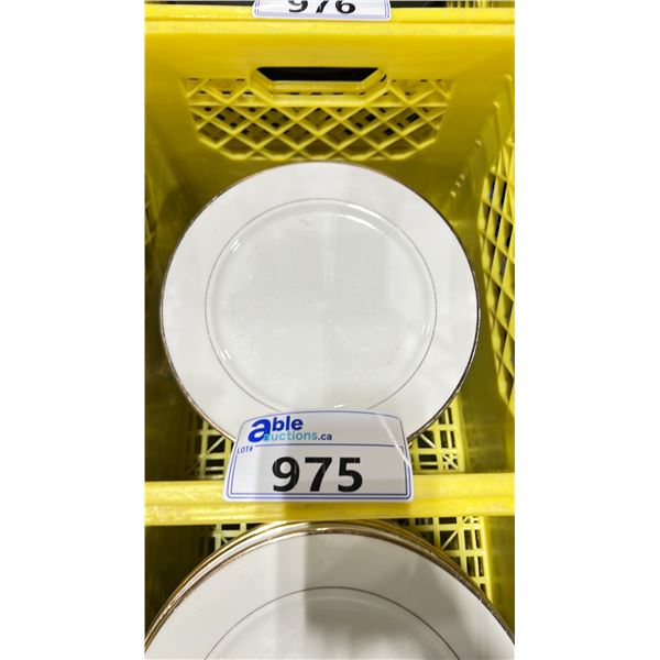 3 PLASTIC CRATES OF 10 1/2" WHITE COMMERCIAL RESTAURANT GOLD RIMED DINNER PLATES *PLASTIC CRATES
