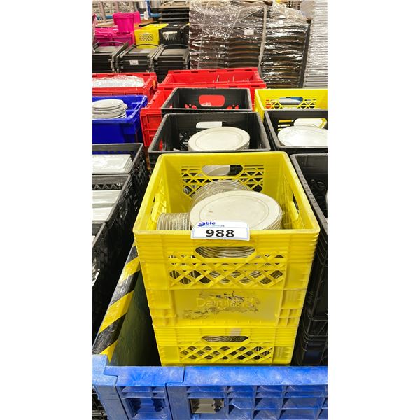 12 PLASTIC CRATES OF ASSORTED WHITE SQUARE COMMERCIAL RESTAURANT DINNER PLATES & SILVER RIMMED 8 