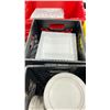 Image 3 : 12 PLASTIC CRATES OF ASSORTED WHITE SQUARE COMMERCIAL RESTAURANT DINNER PLATES & SILVER RIMMED 8"