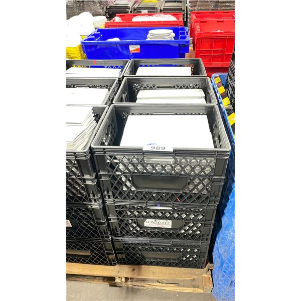 9 PLASTIC CRATES OF 14" WHITE RECTANGULAR COMMERCIAL RESTAURANT APPETIZER PLATES *PLASTIC CRATES