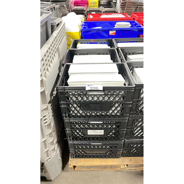 9 PLASTIC CRATES OF 14" WHITE RECTANGULAR COMMERCIAL RESTAURANT APPETIZER PLATES *PLASTIC CRATES