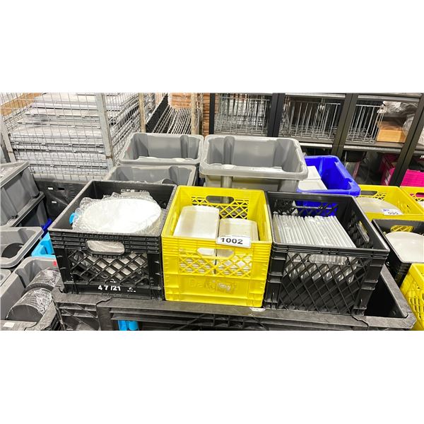 PALLET CRATE OF PLASTIC BINS WITH ASSORTED COMMERCIAL RESTAURANT SIDE PLATES, APPETIZER PLATES,