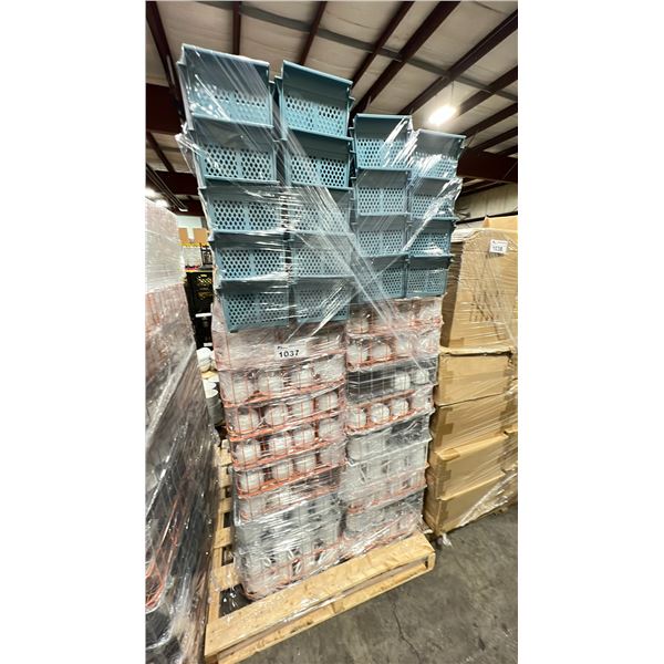 PALLET OF COMMERCIAL RESTAURANT TRAYS OF DESSERT BOWLS, WHITE COFFEE MUGS & DISHWASHER CUTLERY