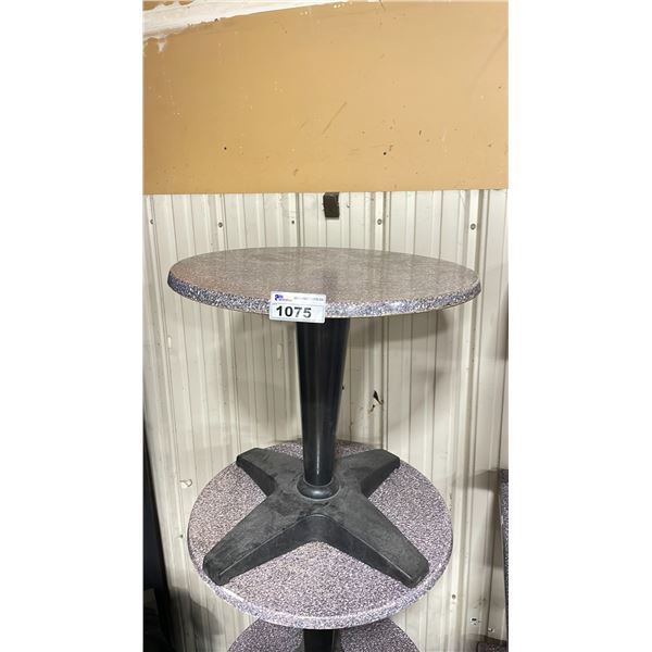 STACK OF 4 COMMERCIAL OUTDOOR LAMINATED ROUND RESTAURANT TABLES