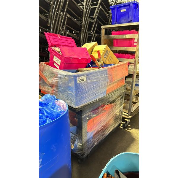 2 TIER MOBILE SERVICE REPAIR CART WITH ASSORTED BINS OF HARDWARE, CABLE & REPAIR CONTENTS