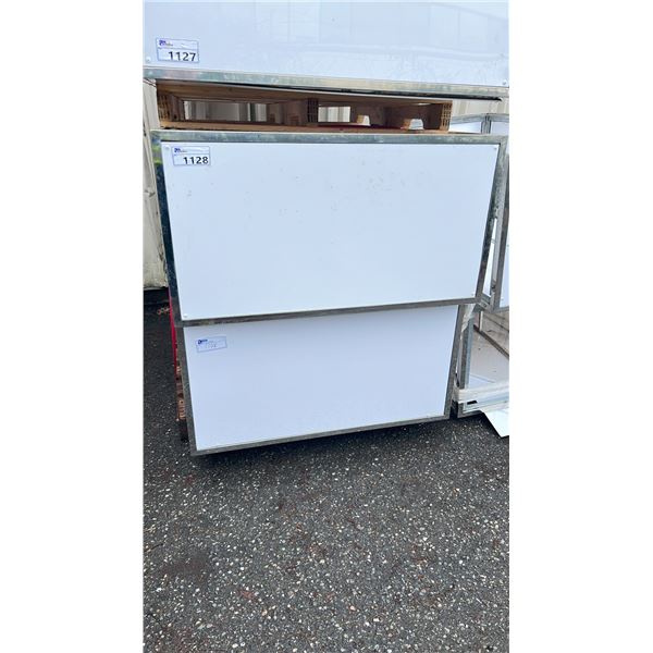 2 CHROME FRAMED 72"W X 22"D X 42"WHITE PLASTIC COMMERCIAL 2 TIER EVENT PODIUMS