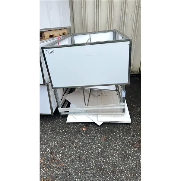 2 CHROME FRAMED 72"W X 22"D X 42"WHITE PLASTIC COMMERCIAL 2 TIER EVENT PODIUMS
