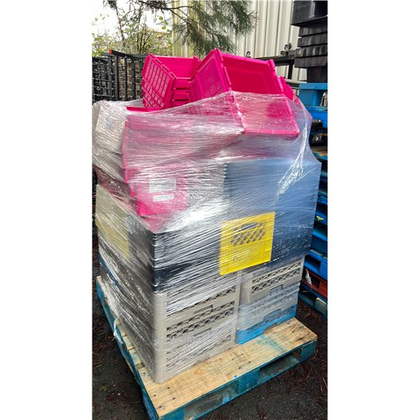 PALLET OF ASSORTED SMALL FOLD TOP TRANSPORT TOTES, STORAGE TOTES & DISH TRAYS