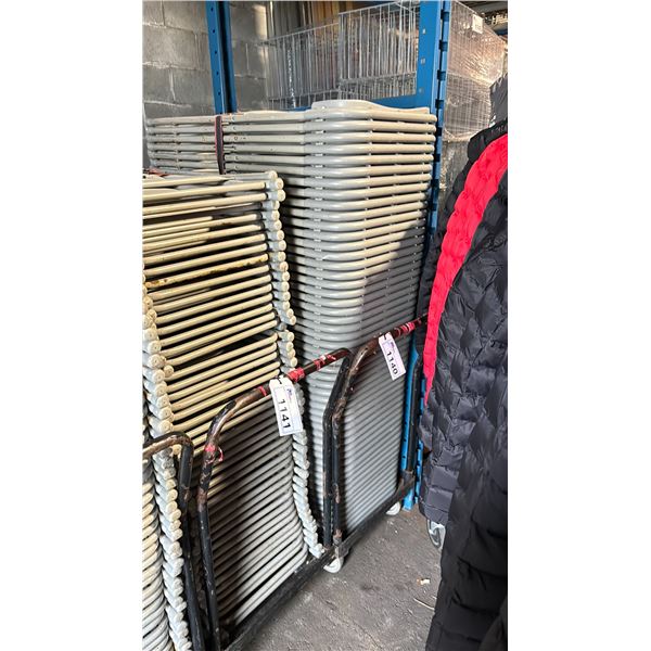 MOBILE CART OF 52 GREY PLASTIC/METAL FRAMED FOLDING STACKING EVENT CHAIRS *CART INCLUDED*