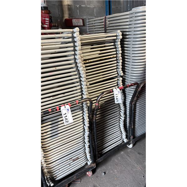 MOBILE CART OF 45 GREY PLASTIC/METAL FRAMED FOLDING STACKING EVENT CHAIRS *CART INCLUDED*