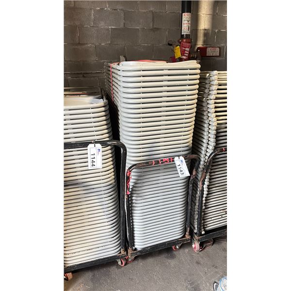 MOBILE CART OF 49 GREY PLASTIC/METAL FRAMED FOLDING STACKING EVENT CHAIRS *CART INCLUDED*