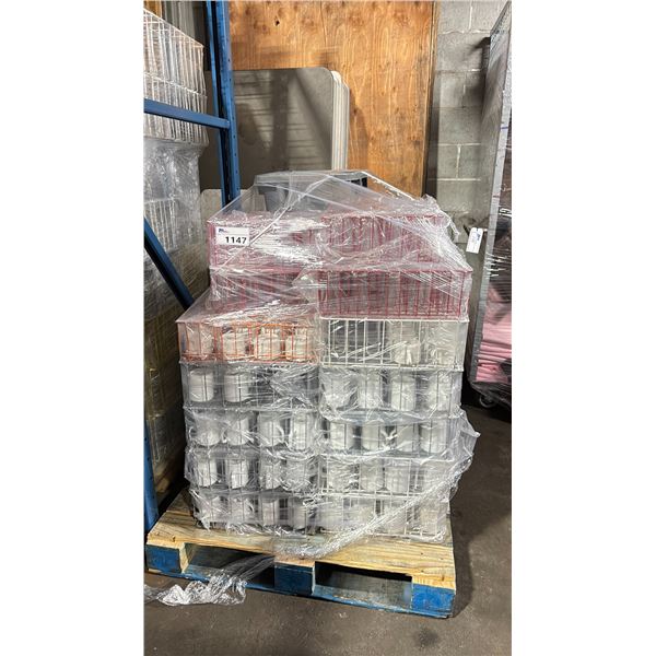 PALLET OF COMMERCIAL RESTAURANT TRAYS OF COCKTAIL GLASSES, WHITE TASHI COFFEE MUGS, & WHITE SILVER