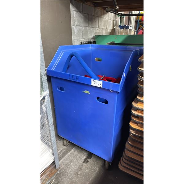 BLUE PLASTIC MOBILE EVENT CART WITH ASSORTED VELVET STYLE CROWD CONTROL STANCHION ROPES *PLASTIC