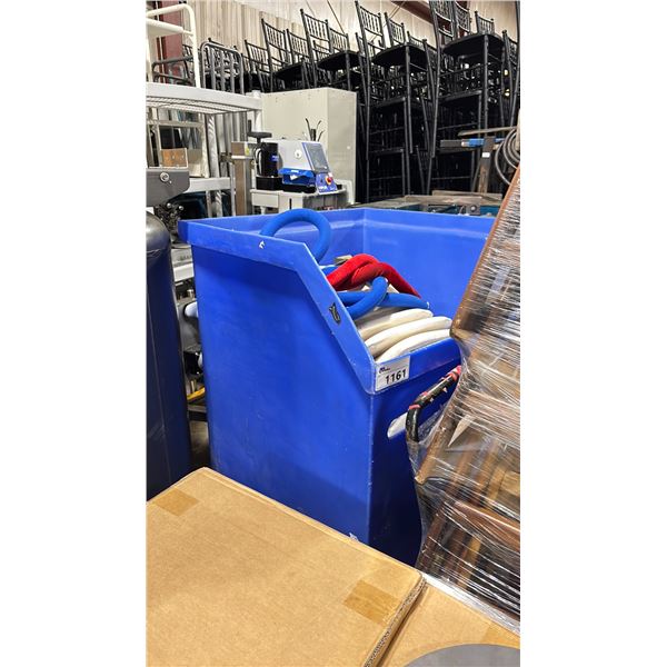 BLUE PLASTIC MOBILE EVENT CART WITH ASSORTED VELVET STYLE CROWD CONTROL STANCHION ROPES *PLASTIC