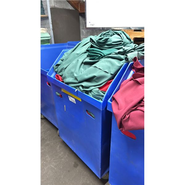 BLUE PLASTIC MOBILE EVENT CART WITH ASSORTED COLOR PROFESSIONAL EVENT / BANQUET TABLE LINENS