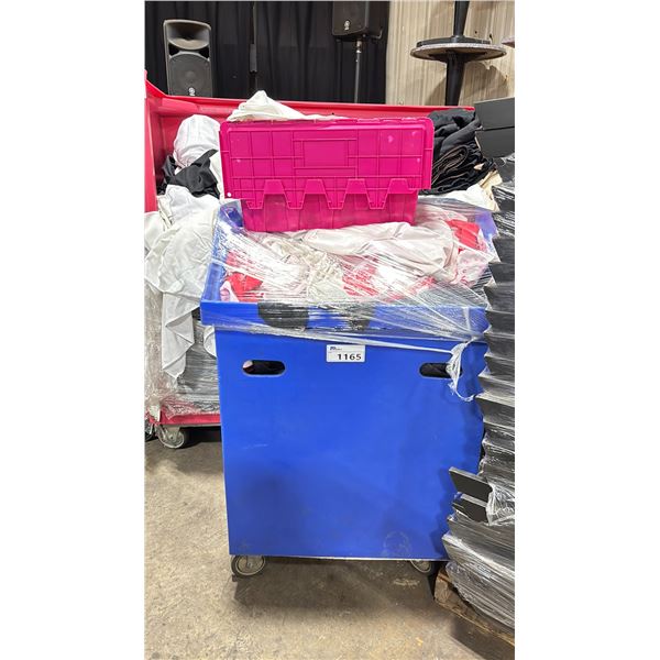 BLUE PLASTIC MOBILE EVENT CART WITH ASSORTED COLOR PROFESSIONAL EVENT / BANQUET TABLE LINENS