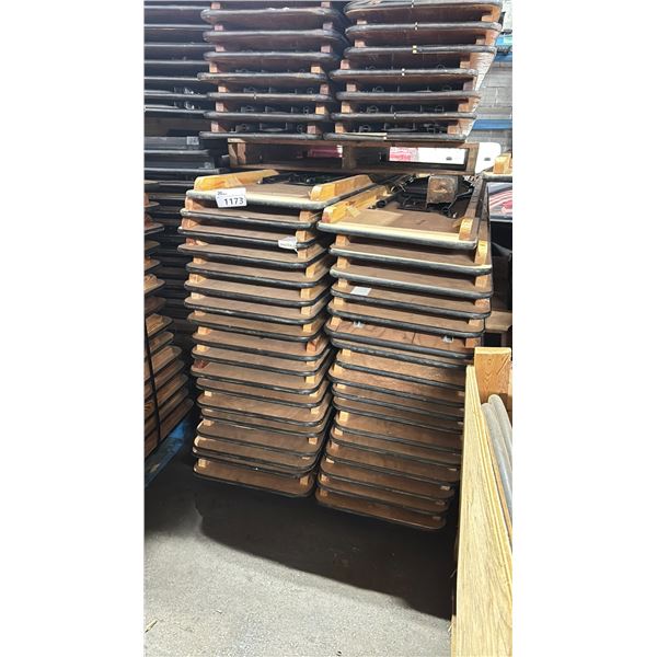 PALLET OF 35 WOODEN 8' NARROW COMMERCIAL EVENT / BANQUET FOLDING TABLES *MUST TAKE ALL*