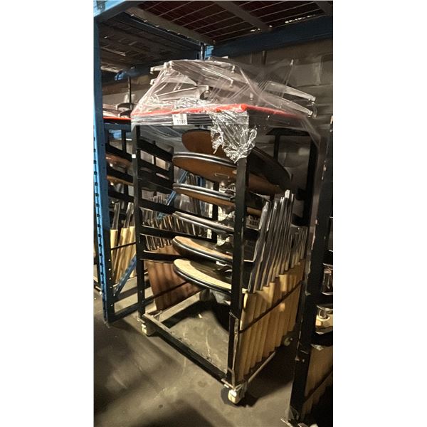 BLACK METAL MOBILE COCKTAIL TABLE EVENT CART WITH ASSORTED WOODEN 3 PCS COCKTAIL TABLES / STANDS /