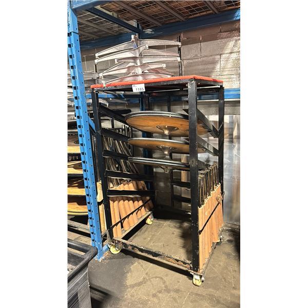 BLACK METAL MOBILE COCKTAIL TABLE EVENT CART WITH ASSORTED WOODEN 3 PCS COCKTAIL TABLES / STANDS /