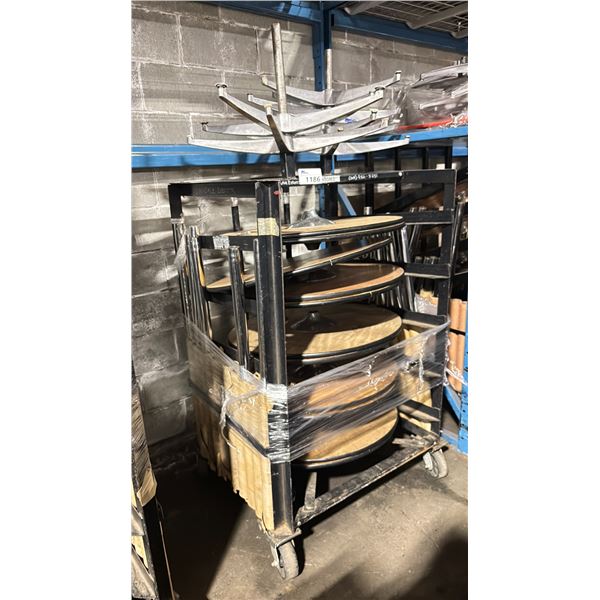BLACK METAL MOBILE COCKTAIL TABLE EVENT CART WITH ASSORTED WOODEN 3 PCS COCKTAIL TABLES / STANDS /