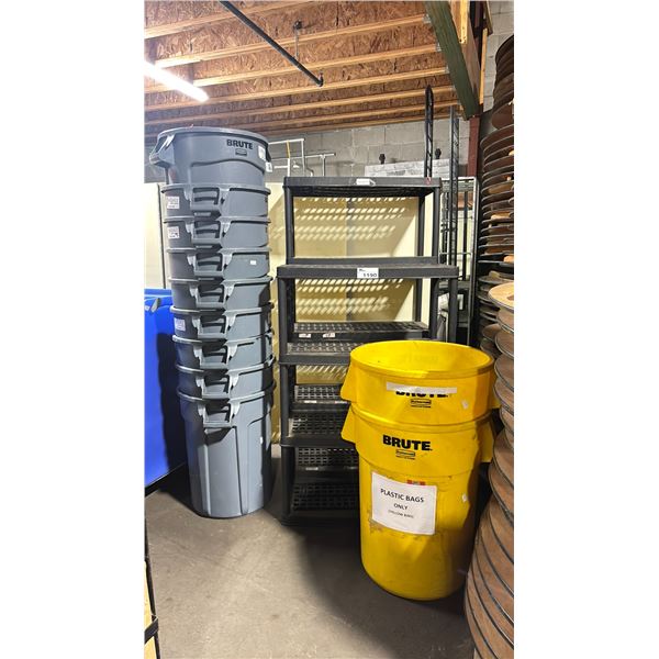 STACK OF 9 GREY RUBBERMAID BRUTE WASTE RECEPTACLES, 2 YELLOW BRUTE WASTE RECEPTACLES, & 2 BLACK
