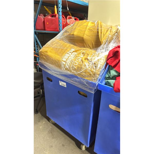 BLUE PLASTIC MOBILE EVENT CART WITH WHITE PROFESSIONAL EVENT / BANQUET CHAIR PADS