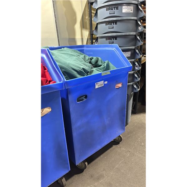 BLUE PLASTIC MOBILE EVENT CART WITH ASSORTED COLOR PROFESSIONAL EVENT / BANQUET TABLE LINENS